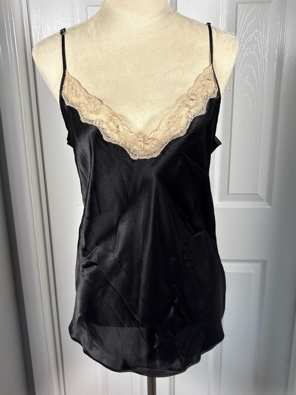 Silky Black Chemise with Champagne Lace Trim
